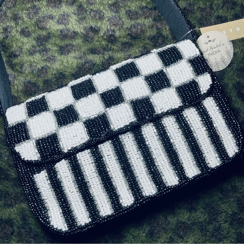 Beaded Black and White Checkered Bag